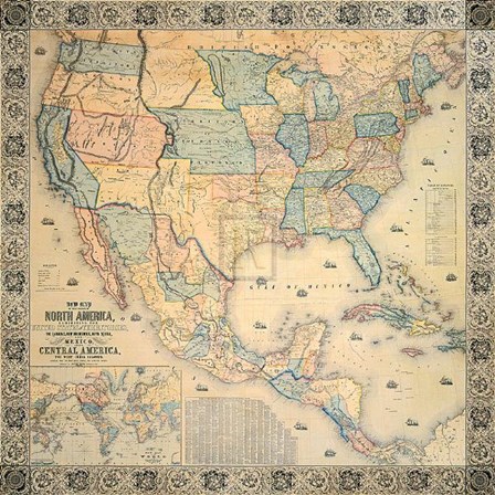 Map of North America, 1853 by Jacob Monk art print