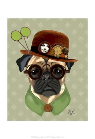 Pug With Steampunk Bowler Hat by Fab Funky art print