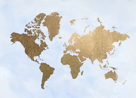 Gold Foil World Map on Blue - Metallic Foil by Jennifer Goldberger art print