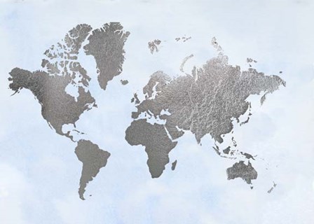 Silver Foil World Map on Blue - Metallic Foil by Jennifer Goldberger art print