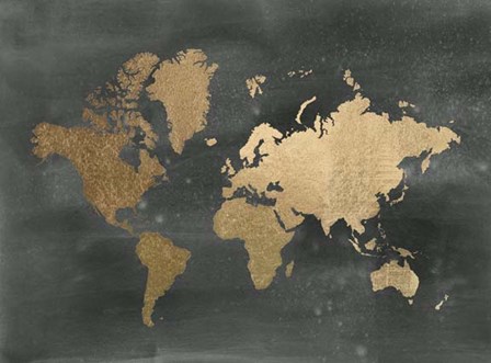 Large Gold Foil World Map on Black - Metallic Foil by Jennifer Goldberger art print