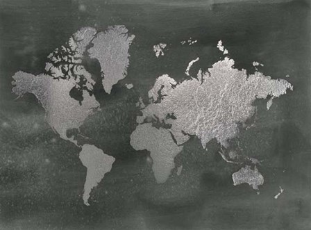 Large Silver Foil World Map on Black - Metallic Foil by Jennifer Goldberger art print