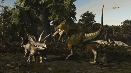 Bistahieversor Attacking a Pair of Pentaceratops by Arthur Dorety/Stocktrek Images art print