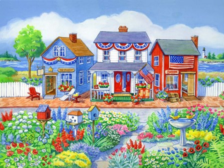Red White and Blue Shops by Geraldine Aikman art print