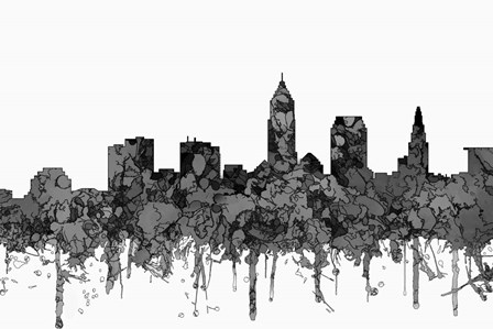 Cleveland Ohio Skyline - Cartoon B&amp;W by Marlene Watson art print