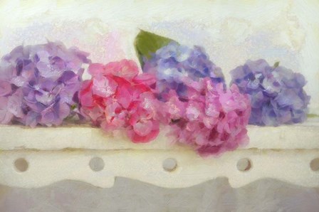 Blue and Pink Hydrangea flowers on a Bench by Cora Niele art print
