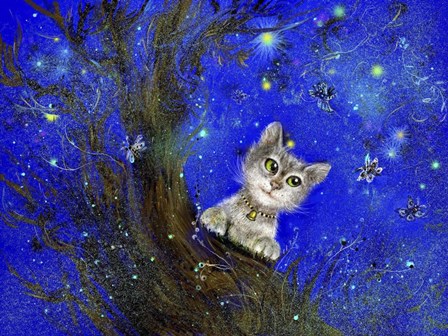 Night Cat Blue by RUNA art print
