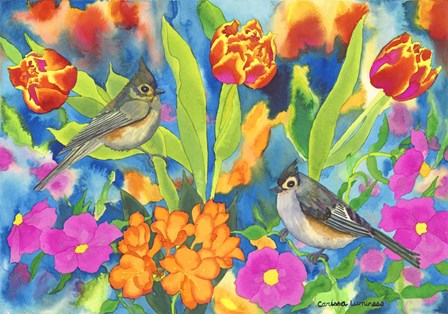 Titmouses and Tulips by Carissa Luminess art print